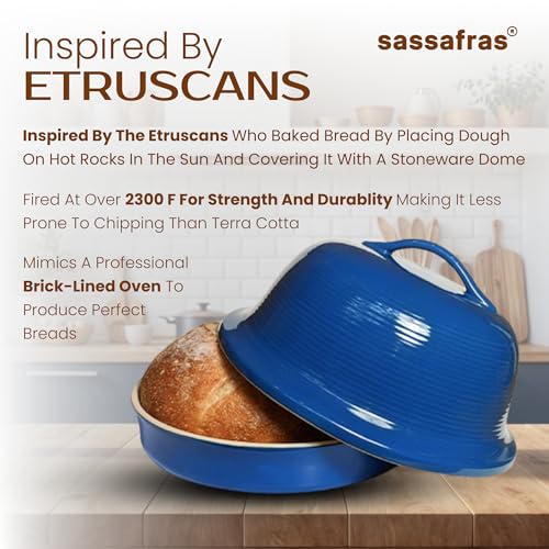 Superstone® Stoneware La Cloche® Bread Baker with Blue Glazed Exterior and Unglazed Interior Bakes an Artisan Bread with Crusty Crust and a Light Crumb