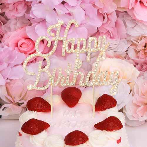 Gold Happy Birthday Cake Topper Rhinestones Cake Decorations for Birthday Party