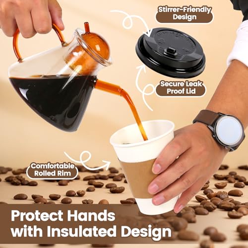 12 oz Disposable Paper Coffee Cups with Lids & Sleeves (100 Count)
