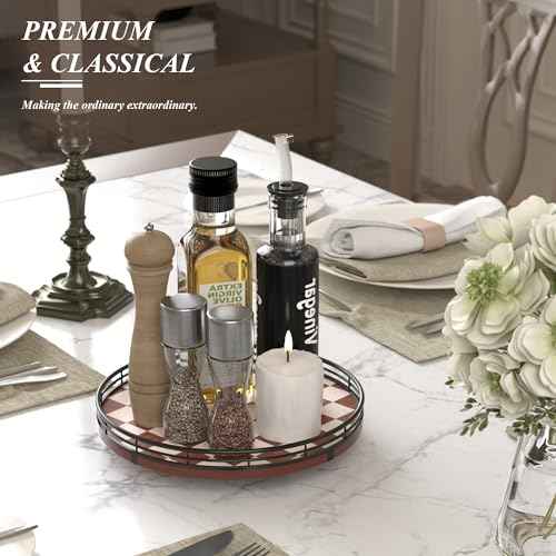 10 Inch Brown Checkerboard Lazy Susan Organizer with Black Metal Rail