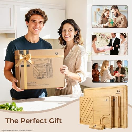 Bamboo Cutting Boards Set of 4 for Kitchen with Wood Storage Stand (3 Count)