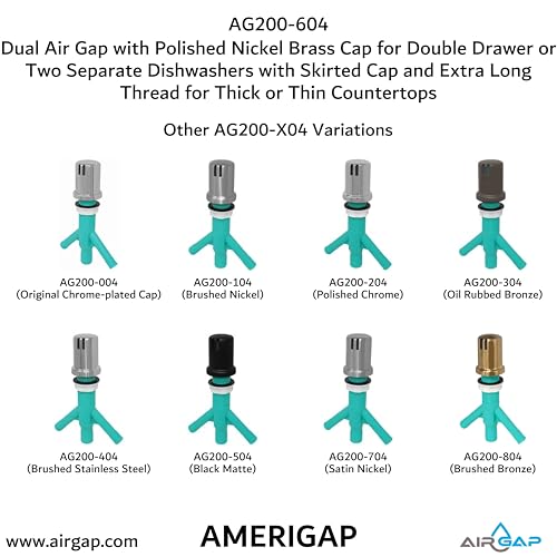 Dual Air Gap with Polished Nickel Brass Cap for Double Drawer or Two Separate Dishwashers with Skirted Cap and Extra Long Thread for Thick or Thin Countertops