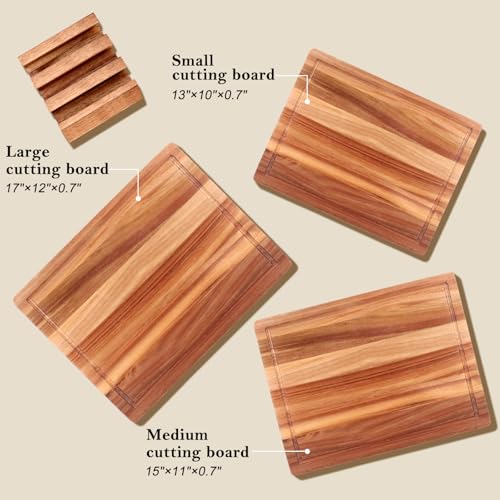 Extra Large Acacia Wood Cutting Board Set of 3 Wooden Chopping Board With Holder Fruit Cutting Boards Charcuterie Boards for Kitchen Bread Cheese Serving Board Meat Cutting Board Carving Board (3 Count)