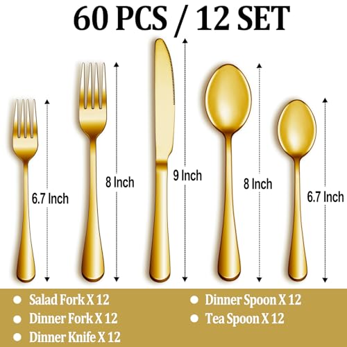 60 Pcs Gold Silverware Set Service for 12 (60 Count)