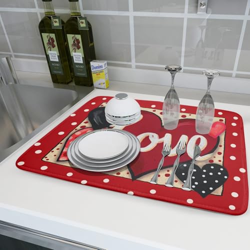 Love Heart Dish Drying Mat 18"x24" Red Dots Microfiber Dish Rack Mat Holiday Absorbent Fast Dry Draining Pad for Kitchen Counter Bar Sinks