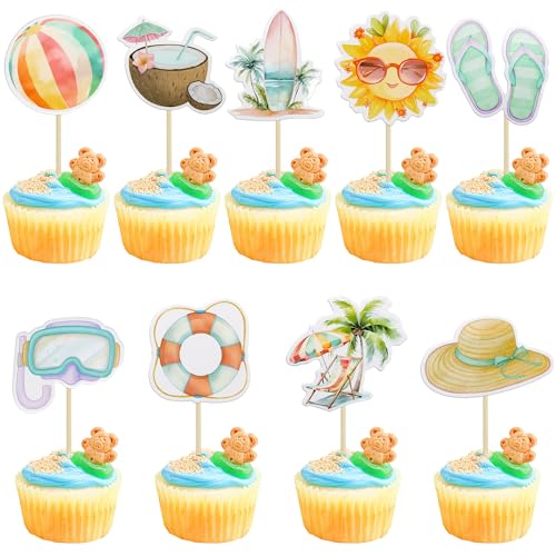 36Pcs Summer Beach Pool Cupcake Toppers Ball Sun Umbrella Diving Goggles Watermelon Water Gun Slippers Cupcake Picks Baby Shower Hawaii Theme Birthday Party Cake Decorations Supplies Multi (36 Count)