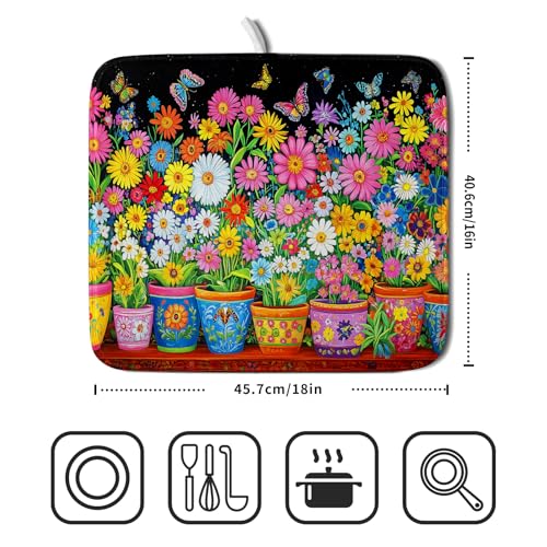 Colorful Floral Dish Drying Mat 16 X 18 Black Spring Flowers Absorbent Microfiber Kitchen Decor Counter Mats