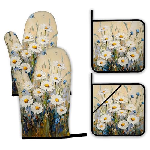 Vintage Daisy Flower Oven Mitts and Pot Holders (4 Count)