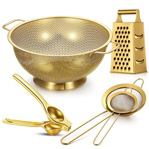 5 Pcs Gold Kitchen Appliances Includes 5 Quart Gold Colander and 2 Pcs Strainer Set (5 Count)