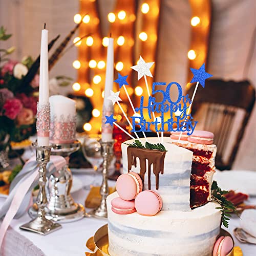 Royal Blue 50th Birthday Cake Topper with Glittery Stars (7 Count)