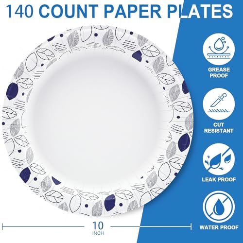 140 Count 10 Inch Disposable Heavy Duty Printed Paper Plates Leaf