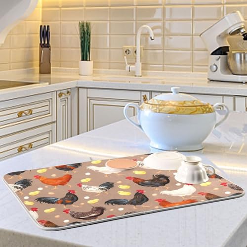 Colorful Hens Roosters Dish Drying Mat for Kitchen Counter Absorbent Microfiber Drying Pad
