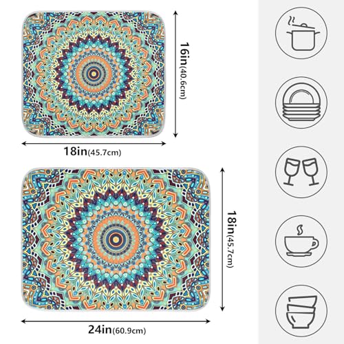Bohemian Mandala Dish Drying Mat for Kitchen Counter Absorbent Microfiber Small Boho Ethnic Drying Pad Dish Mats for Kitchen Countertops 16 x 18 Inch