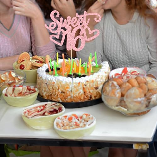 1Pc Sweet Teenager 16 Cake Topper Glitter 16th Birthday Cake Pick for Cheers to 16 Years Old 16th Birthday Party Cake Decorations Supplies Pink