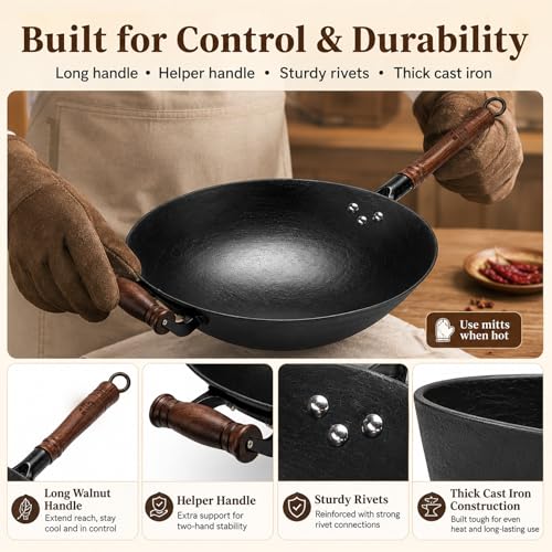 12.6 Inch Round Bottom Cast Iron Wok with Glass Lid