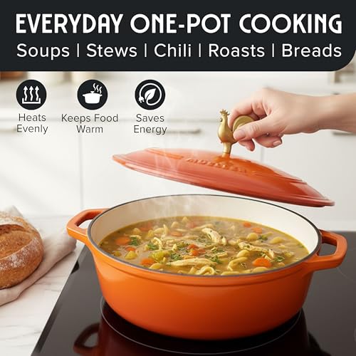 MUELLER HOME 5.5 Quart Enameled Cast Iron Oval Dutch Oven w Rooster Knob & Cotton Potholders