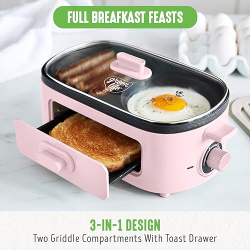 3-in-1 Breakfast Maker Station, Healthy Ceramic Nonstick Dual Griddles for Eggs Meat Sausage Bacon Pancakes and Breakfast Sandwiches, 2 Slice Toast Drawer, Easy-to-use Timer, Pink