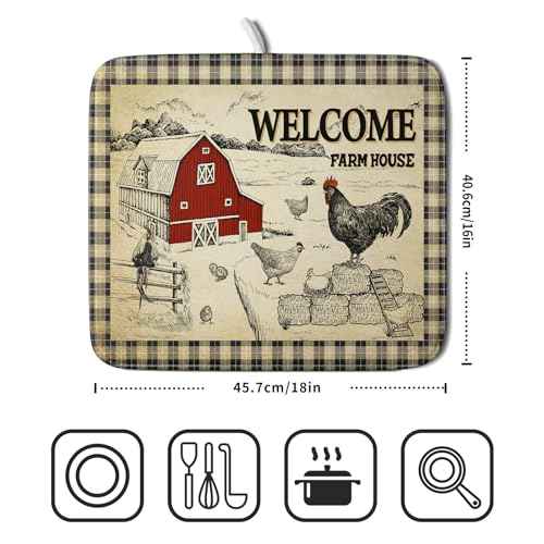 Farmhouse Rooster Dish Drying Mat 16x18 Inch Country Chicken Absorbent Dish Drainer Mat Reversible Countertops Protector Pad Kitchen Accessories
