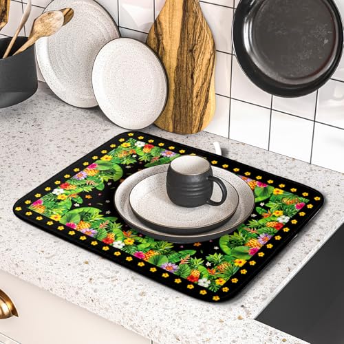 Tropical Flamingo Dish Drying Mat Palm Leaves Absorbent Dishes Drainer Pad Microfiber Dish Rack Mat for Kitchen Countertop Decor 16x18 Inch