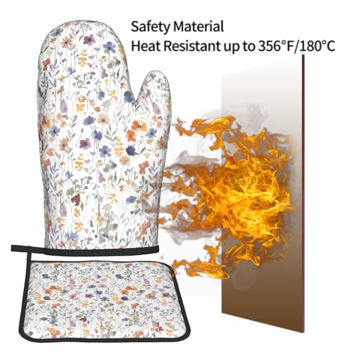 Watercolor Floral Oven Mitts and Pot Holder Kitchen Accessories Sets Botanical Leaf Heat Resistant Cooking Grilling Baking Gloves Hot Pads