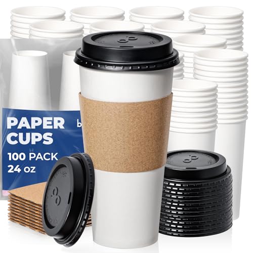 24 oz 100 Pack To Go Coffee Cups with Lids and Sleeves (100 Count)