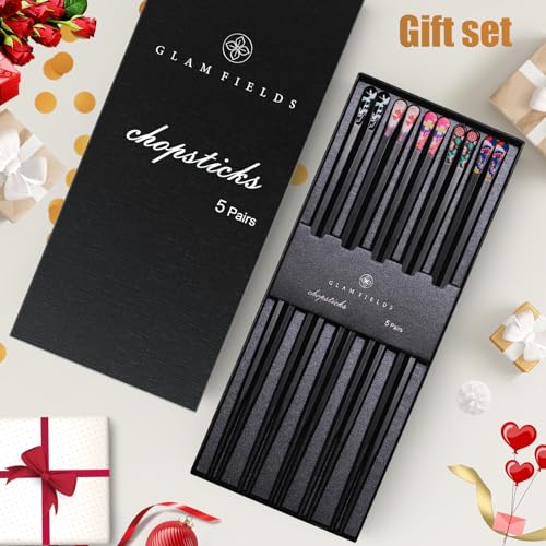 5 Pairs Premium Chopsticks Reusable Dishwasher Safe 9.5 Inch Fiberglass Chop Sticks Gift Set Hexagon Black Non Slip with the Printed Tops (5 Count)