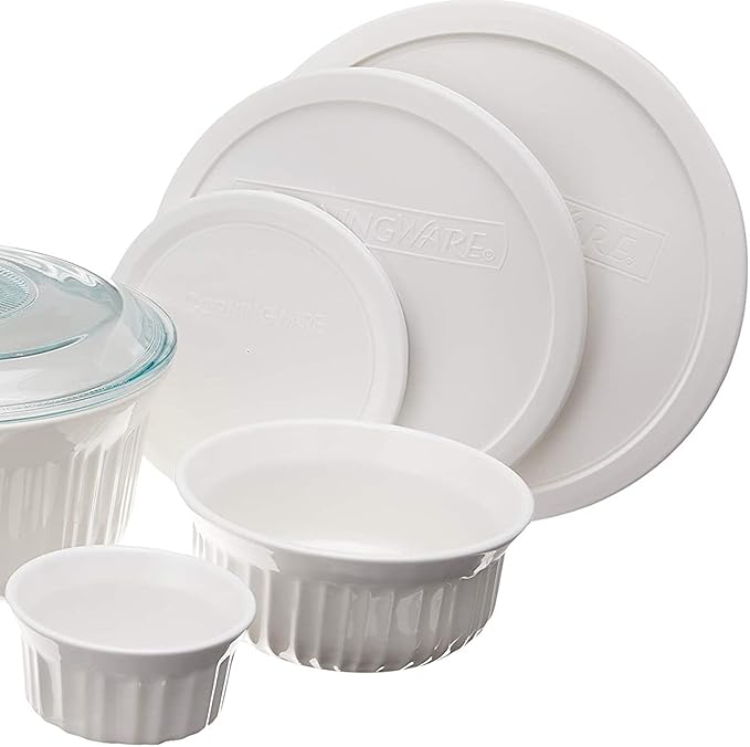 CorningWare French White 10-Pc Ceramic Bakeware Set with Lids Chip and Crack Resistant Stoneware Baking Dish, Microwave, Dishwasher, Oven, Freezer and Fridge Safe