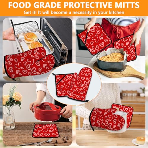 White Love Hearts Oven Mitts and Valentine's Day Pot Holders Sets 4Pcs