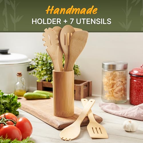 Bamboo Cooking Utensils Set 7 Pcs with Holder (8 Count)