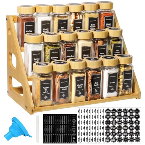 3 Tier Bamboo Spice Rack Organizer with 18 Empty 4 oz Glass Spice Jars