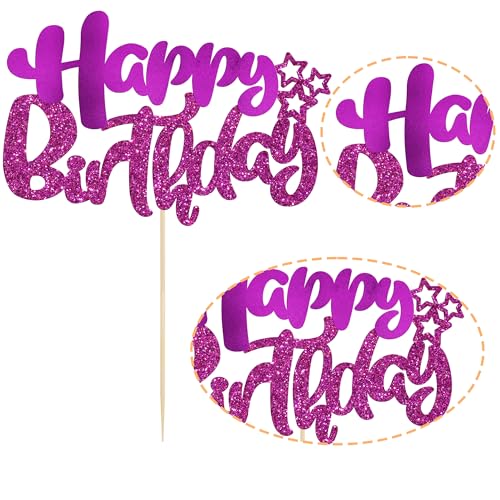 1Pcs Happy Birthday Cake Topper Glitter Happy Birthday Cake Pick Decorations for Celebrating Baby Shower Theme Kids Boys Girls Anniversary Party Decorations Supplies Purple