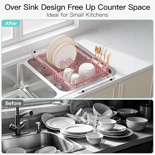 Pink Dish Drying Rack Over the Sink with Utensil Holder