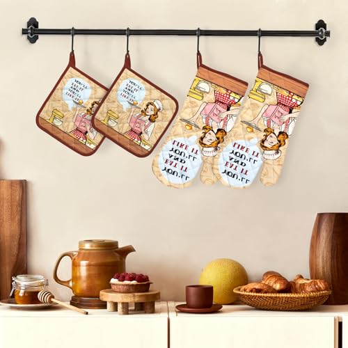 Retro Housewife Oven Mitts and Pot Holders Set (4 Count)