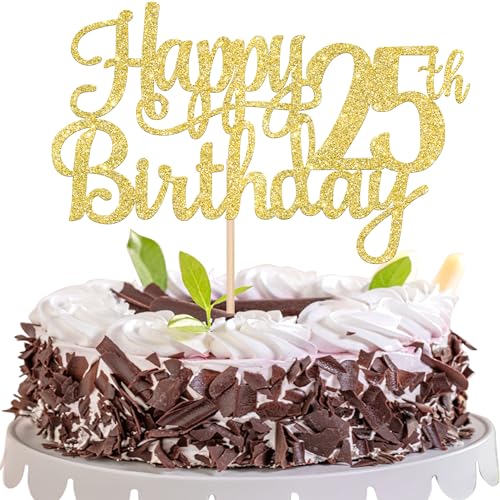 1 PCS Happy 25th Birthday Cake Topper Gold Glitter Cheers to 25 Years Birthday Cake Pick 25 Fabulous Cake Decoration for Happy 25th Birthday Theme Party Decorations Supplies