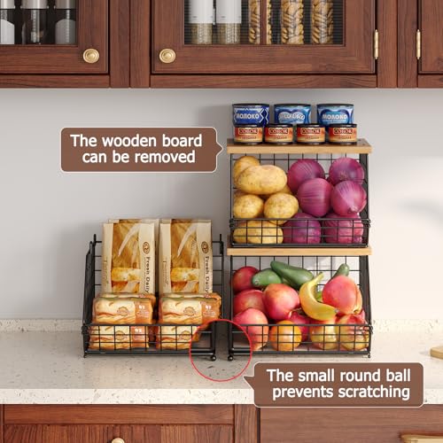 2 Set Stackable Wire Basket with Wooden Tops & Pad for kitchen organizers and storage (2 Count)