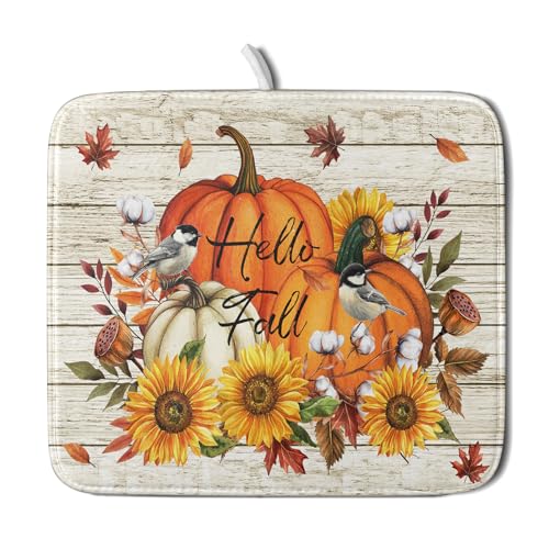 Hello Fall Dish Drying Mat Autumn Pumpkin Dish Drainer Rack Mats 16"x18" Fast Dry Microfiber Dish Drying Pad for Kitchen Countertop Table