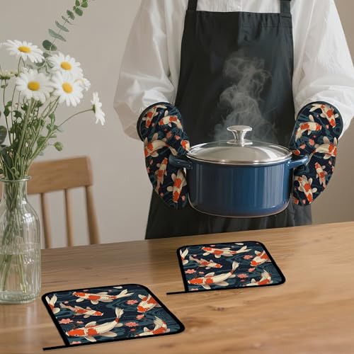 Goldfish Flower Japanese Oven Mitts and Pot Holders (4 Count)