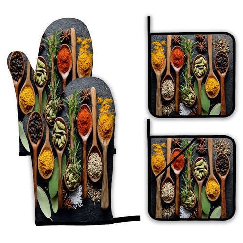 Cooking Herbs Spices Oven Mitts and Pot Holders Set (4 Count)