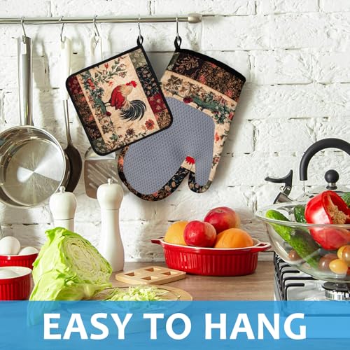 Rustic Rooster Oven Mitts and Pot Holders Sets Heat Resistant 4Pcs Potholders Oven Gloves Hot Pads for Kitchen Baking Cooking Grilling BBQ (4 Count)