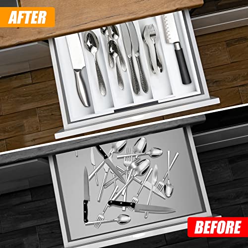 White Silverware Organizer Kitchen Drawer Organizer Expandable Bamboo Utensil Holder Cutlery Tray for Kitchen Utensil and Flatware Bedroom Office