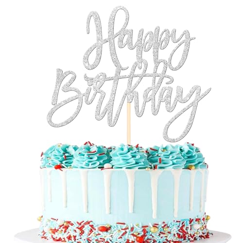 1 PCS Happy Birthday Cake Topper Glitter Happy Birthday Cake Pick for Celebrating Happy Birthday Anniversary Theme Party Cake Decorations Supplies Silver