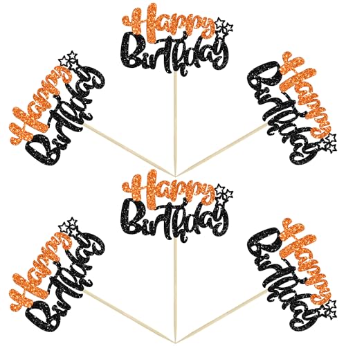 24Pcs Happy Birthday Cupcake Toppers Double Layer Glitter Happy Birthday Cake Decorations for Halloween Baby Shower Theme Anniversary Party Cake Decorations Supplies Black Orange (24 Count)