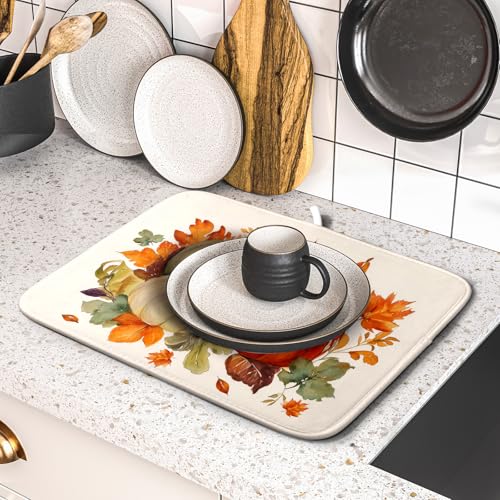 Fall Pumpkin Dish Drying Mat Autumn Leaves Absorbent Dishes Pad 16x18 Inch Seasonal Microfiber Dish Drainer Rack Mat for Kitchen Countertop