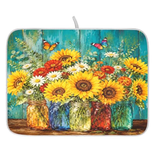 Spring Summer Floral Jar Dish Drying Mat for Kitchen Counter Absorbent Microfiber Large Drying Pad Dish mats for Kitchen Countertops 18 x 24 Inch