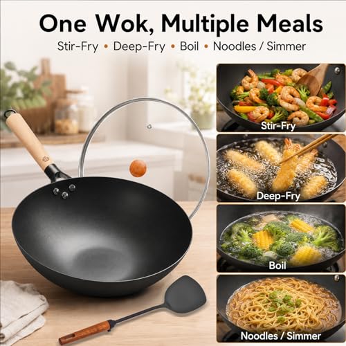 12.6 Inch Carbon Steel Wok Pan with Glass Lid and Spatula