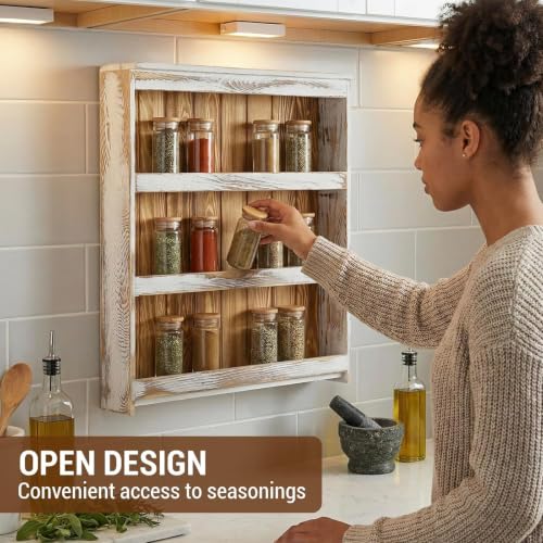 3 Tier Spice Rack Wall Mount Rustic Wood Kitchen Shelf