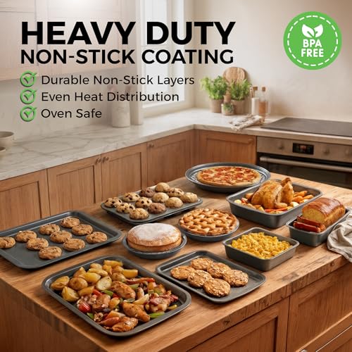 Non-Stick 10-Piece Bakeware Set – Carbon Steel with Even Heat Distribution, Oven Safe to 446°F, BPA-Free, Dishwasher Safe, Stackable Baking Tools for Easy Storage and Everyday Cooking - Gray