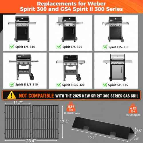 Grill Parts Replacement 7638 Grates 7636 Flavorizer Bars for Weber Spirit 300 & Gs4 II 300 Series Grills
