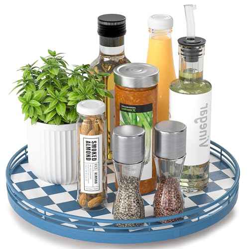 Blue and White Checkerboard Lazy Susan with Rubberwood Base and Metal Rail