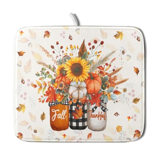 Autumn Pumpkin Dish Drying Mat 16x18 Inch Sunflower Flower Vase Washable Draining Mat with Hanging Loop Seasonal Holiday Home Decoration